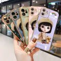 Luxury 6D Plating Soft Casing Silicone Square Frame Phone Case For OPPO A12 Case Shiny Bling Back Cover Cute Girl With Shoulder Bag Square Edge Pattern Design Soft Case + Free Lanyard. 