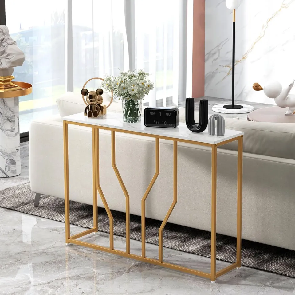 Gold Console Table, 40” Modern Narrow Entryway Table with Marble