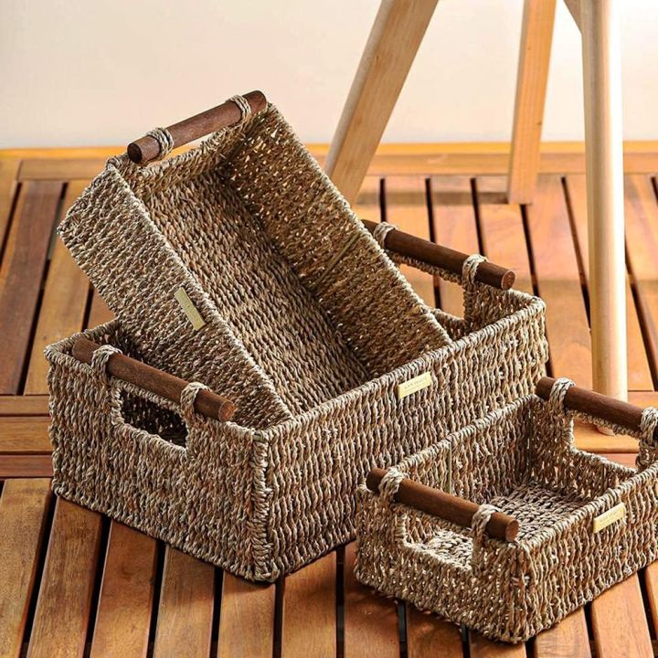 ADO BASICS Premium Jumbo Vietnamese Seagrass Wicker Basket with Stain Resistant Wooden Handles Set of 3