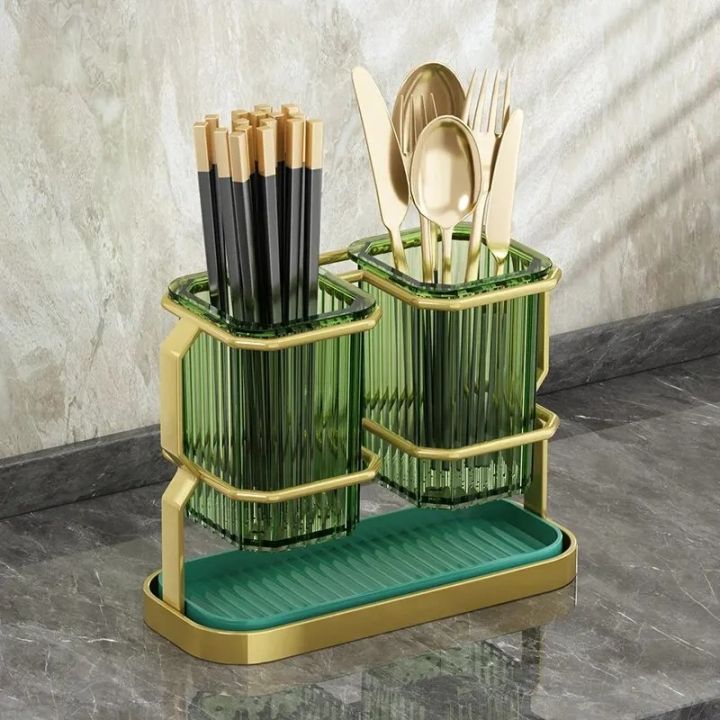 2 Compartments Round Cutlery Holder Utensil Holder Countertop Kitchen Utensil Organizer Spoon Fork Holder Organizer Cutlery Caddy Drying Rack 2 Green Cups with Gold Iron Frame Cooking Utensil Crock Chic