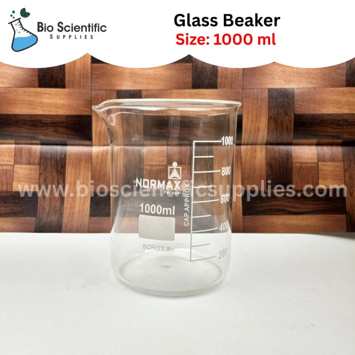 1000 ml Normax-Beaker made in Portugal, Low Form Griffin, Borosilicate 3.3 Glass, Double Scale, Graduated