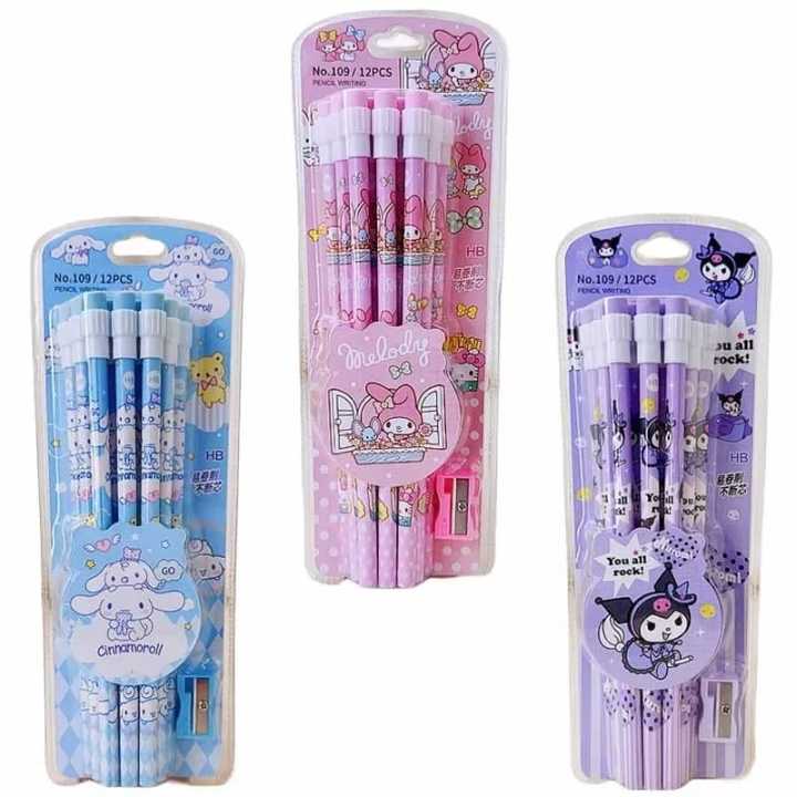 12 pcs Sanrios Anime Cinnamoroll My Melody Kuromi Children Student Writing Pen Cartoon Cute School Office Pencils Drawing Tool