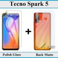 Tecno Spark 5 Tempered Glass Screen Protector Polish Glass + Back Matte Protector Soft Skin Sheet Soft Film Protector For Tecno Spark 5. 