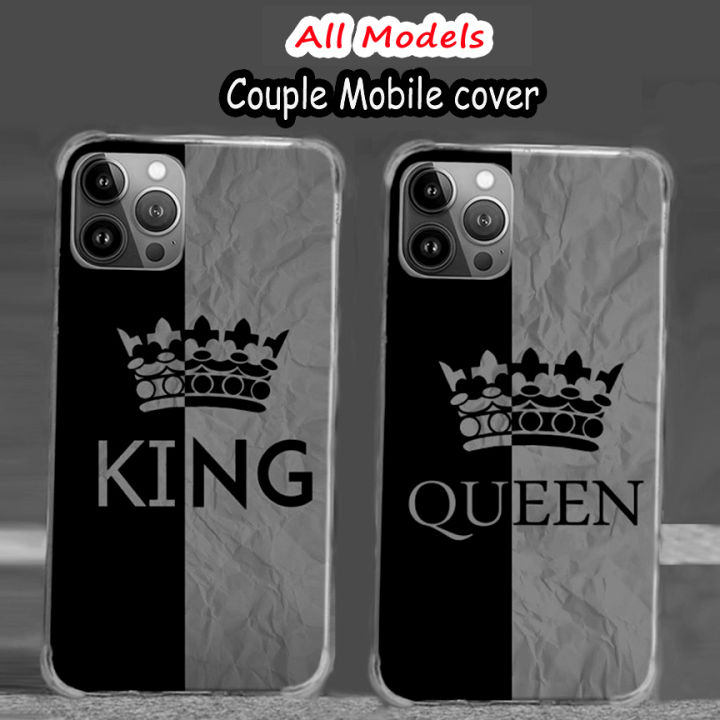 King Queen Couple Case Cover Printed Mobile Back Cover Pouch -  Silicon Soft Phone Case - All Model - Black Grey Color