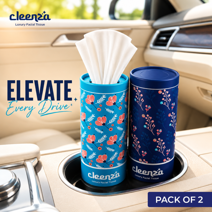 Car Tissue Box | Pack of 2 | Cleenza Premium 3 Ply Facial Tissue | Cup Holder Tissue | Imported Car Tissue | Car, Home & Office