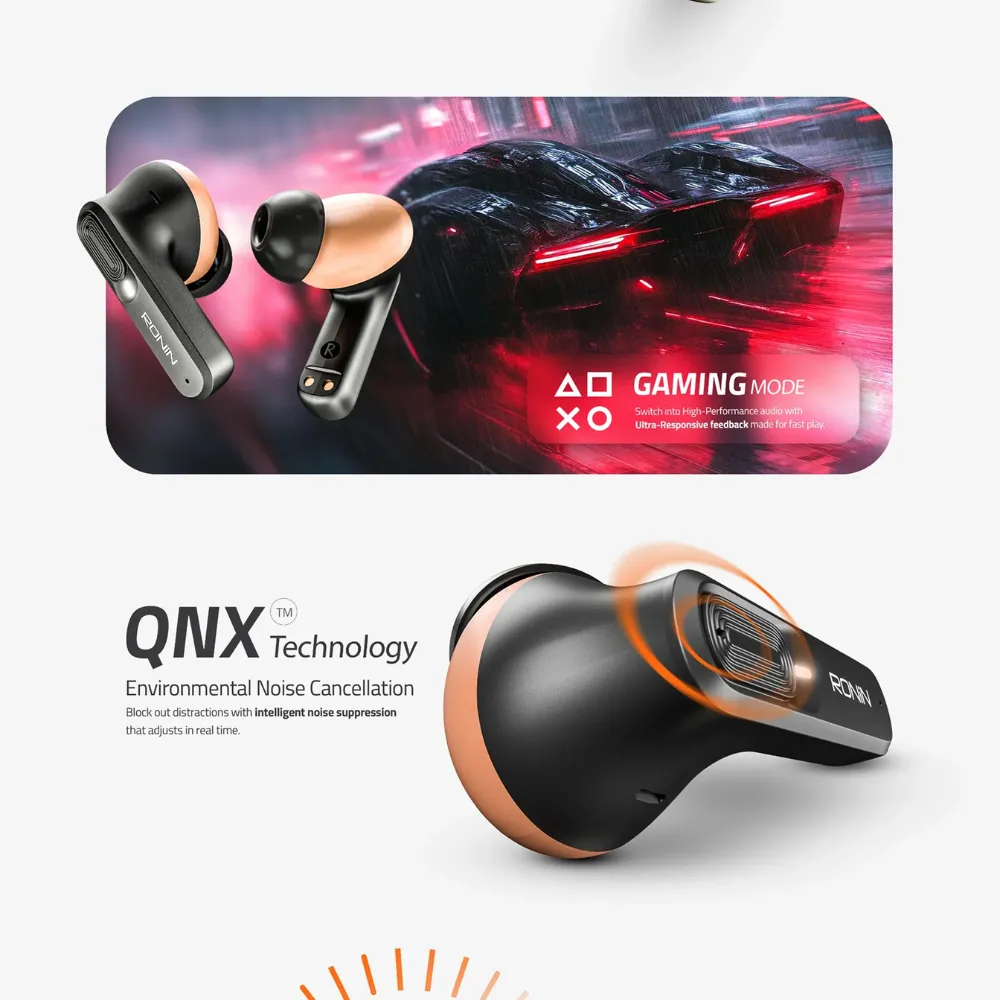 Ronin R-7100 Mellow | ANC + ENC | 45ms Low Latency | Bluetooth 5.3 | App-Supported True Wireless Earbuds