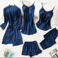 Flourish Undergarments 5 pcs Non Padded Silk Satin Pajama Set Cami Top Nightgown Sexy Nightwear Sleepwear Robe Sets Lace Nightdress  nighty. 