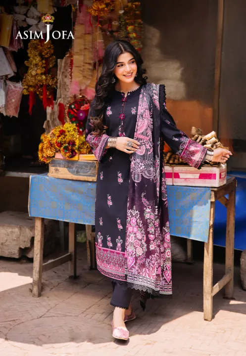 Asim Jofa Unstitched 3 Piece Suit, Basic Print Union, Black, Dupatta ...