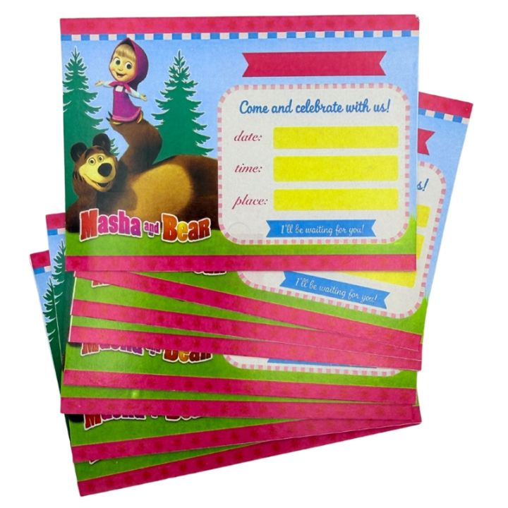 Masha And The Bear Invitation Cards - 4 Inch By 3 Inch - Invitation Cards - Masha And The Bear Theme - Multicolors - Girls - Pack Of 8