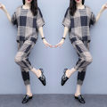 bellylady 2Pcs/set Lady Short Sleeve -shirt + Ninth Straight Bottom Pants Summer Plaid Casual Suit. 