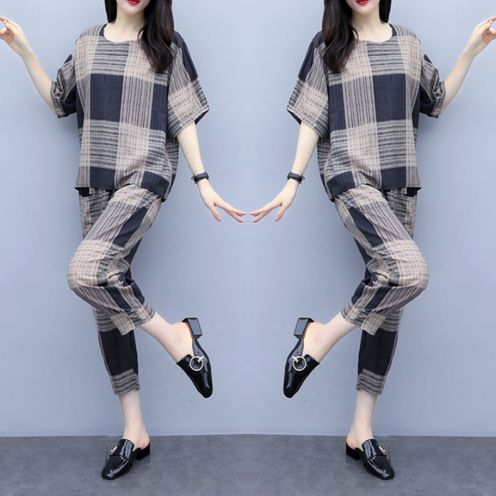 bellylady%202Pcs/set%20Lady%20Short%20Sleeve%20-shirt%20+%20Ninth%20Straight%20Bottom%20Pants%20Summer%20Plaid%20Casual%20Suit%20-%20Image%204