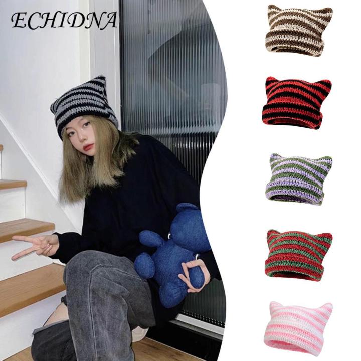 ECHIDNA Exquisite Weaving Beanie Cozy Striped Winter Beanie with Cute Kitty Ears Anti-slip Windproof less Than Adults Knitted Hat