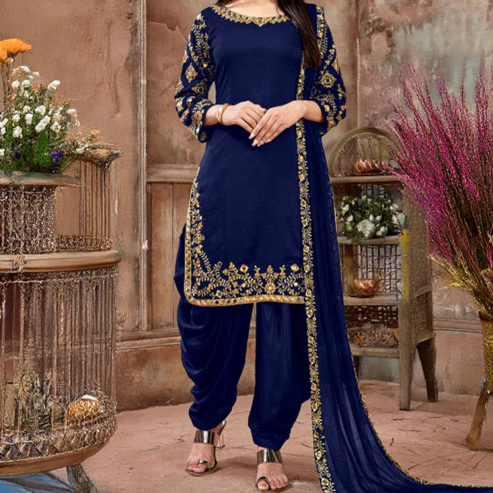 3Pc Navy and Gold Embroidered Traditional Chiffon Patiala Suit for Women and Girls – Premium Quality Formalwear Set