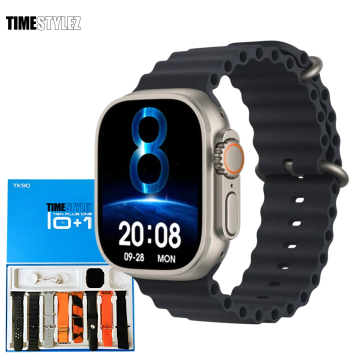 Time Stylez TK90 ULTRA 10-IN-1 Smartwatch with 49mm big display, wireless charging, and Bluetooth calling. Includes 8 straps
