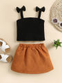 2PCS Toddler Girls Summer Clothes, Bow Strap Ribbed Knit Tank Tops + Belted Skirt Set. 