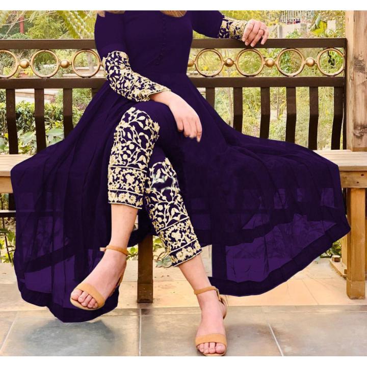 Stylish Embroidered Chiffon Maxi with Embroided Trouser Full Flair (2-Piece) Chiffon Maxi Dresses For Women