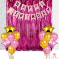 Happy Birthday decoration Set Birthday Pink theme For (Boys & Girls) Foil Curtain, Pink, Golden and White Party Latex Balloons Pink |Black Birthday Banner, Foil Stars Birthday accessories. 