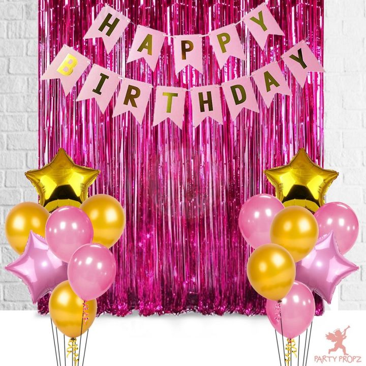 Happy Birthday decoration Set Birthday Pink theme For (Boys & Girls) Foil Curtain, Pink, Golden and White Party Latex Balloons Pink |Black Birthday Banner, Foil Stars Birthday accessories