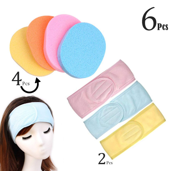 6 Pcs Set - 2 Towelling  Facial Headband Hairband 4 Facial Sponge Cleansing and Makeup Remover Facial Puff Soft Wet Foam Beauty Blender Pad Large Size Face Wash Cleaner Accessories Cleanser Adjustable Girls Women Ladies Hair Wrap Toweling Head Band