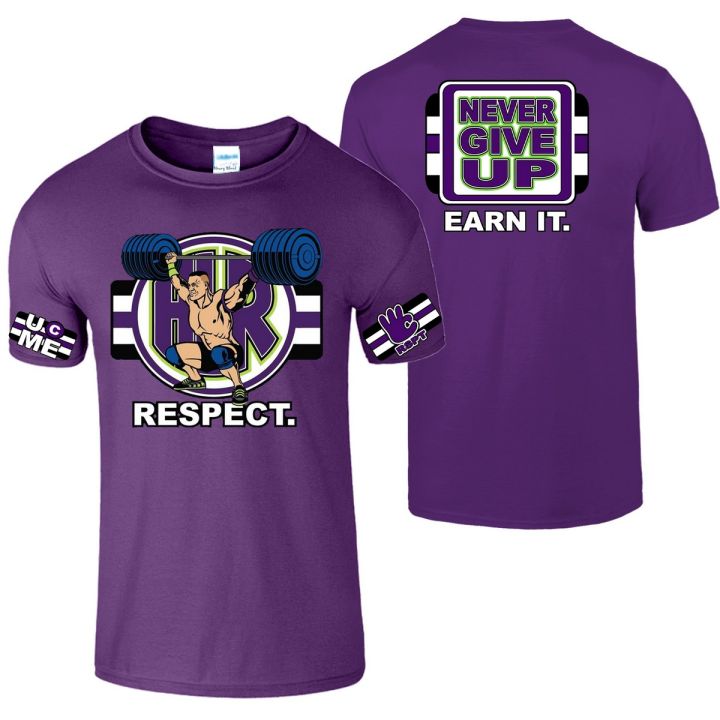 Purple Tshirt Cotton John Cena T shirt Never Give Up T shirt  Respect Earn It T Shirt Earn The Day Authentic Short Sleeve T-Shirt John Cena For Men  T shirt
