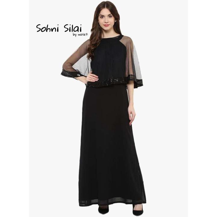 0157 Black Chiffon Casual Cap Embellished Maxi Dress For Her