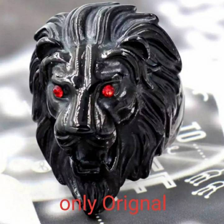 Hyper Hawk Shiny Black Punk Biker Lion Head Red Eyes Ring, Lion King Style Black-Shine Non-Fade Color,Premium Quality Black Panther Fans Ring For Boys And Girls- Lion Ring