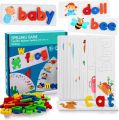 Spelling Words (28 Flash Cards and 52 Wooden Alphabet Letters) Spelling Learning Game – English Words Exercise Wooden Craft Matching Shape Letter Games Montessori Preschool STEM Educational Gift Toys For Kids Early Educational Toys. 
