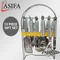 13 Piece Kitchen Utensil Set Gift Pack Premium Quality  Cooking Tools Stainless Steel Cutlery Set Include Stand / Strainer / Pizza slicer / Bottle Opener / Knife Sharper / Potato Peeler / Pizza Server / Lemon Squeezer (Asifa Trading & CO). 