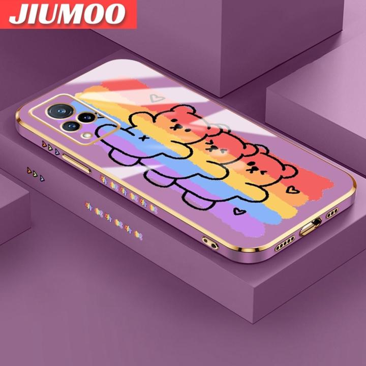 JIUMOO For vivo V21 4G V21 5G Case Cartoon Cute Rainbow Bear Side Design Phone Case Square Edge Pattern Silicone Softcase Luxury Plating Casing Full Cover Camera Shockproof Protection Cases