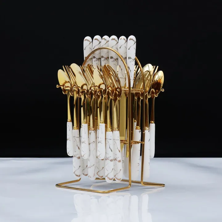 White%20Marblene%20Pattern%20Grip%2024%20Pcs%20Cutlery%20Set%20&%20Cutlery%20Holder%20-%20Image%203