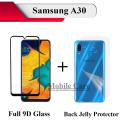Samsung A30 Full Black 9D Edge to Edge(Full Glue) Tempered Glass Screen Protector + Back Clear Jelly Protector Transparent Soft Film Protection Hydrogel Film Protector For Galaxy A30. 