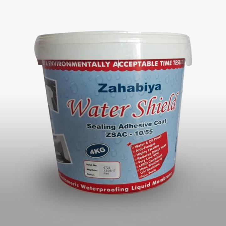 Zahabiya Water Sheild -sealing Adhensive Coat ZSAC 10/55 4 Kgs Per BktSingal coat 550 sqft.
double coat 250 to 300 sqft