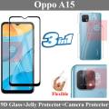 Oppo A15 Full Black 9D|5D|6D|10D|11D|21D Tempered Glass Screen Protector Full Glue Edge To Edge + Back Camera 9H Gorilla Flexible Protector + Back Jelly Protector Clear Soft Film Protection For Oppo A15. 