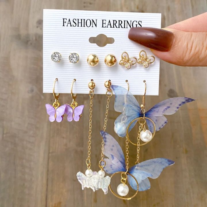 Kpop Gold Plated Silver Color Asymmetric Acrylic Pearl Butterfly Earring For Women Female Pendant Stud Earrings Kpop Jewelry Kit