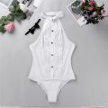 Womens One-piece Body Shirt Sleeveless Haltered Wing Tip Collar Backless Tuxedo Shirt Bodysuit with Bow Tie Work Wear Bodysuits. 