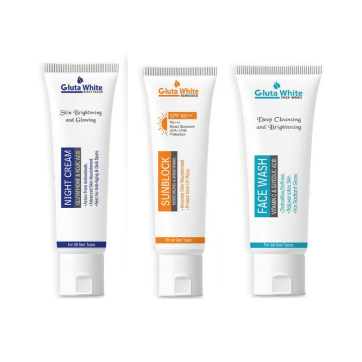 Glutaa Skin Care Kit – Pack of 3 (Night Cream, Face Wash, Sunblock) – Daily Use Combo for Face Glow & Care by Cheena Traders
