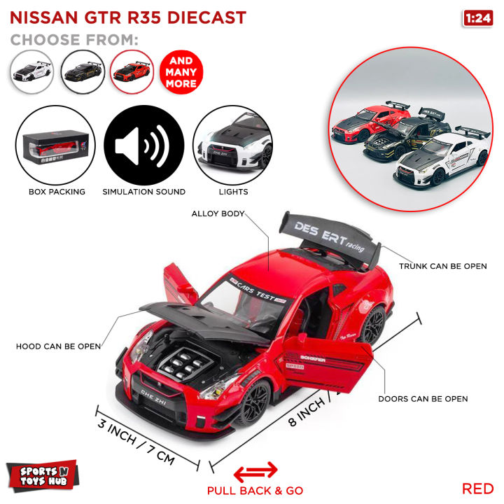 1:24 Nissan GT-R35 Metal Diecast Model Car With Simulation Sound and Lights, Pull Back Action With  Doors, Front & Rear Hood Opened Racing Cars Collection Best Gift For Car Collectors Die Cast Metal Cars For Kids & Adults