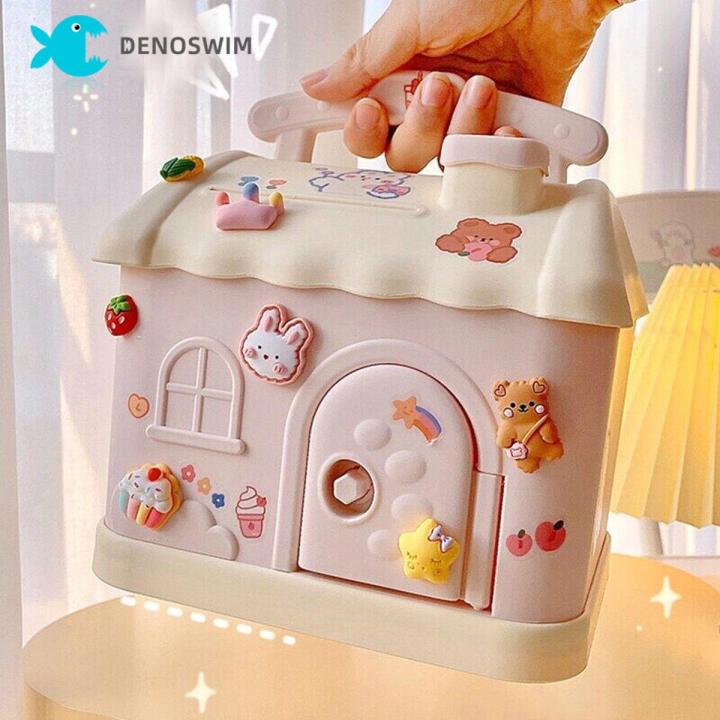 DENOSWIM 2023 New Kawaii House Piggy Bank With 3D Sticker Cartoon Coin Code Key Lock Automatic Cash Coin Saving Box Cute Square Money Boxes with Lock and Key Decoration for Kids Girl Gift