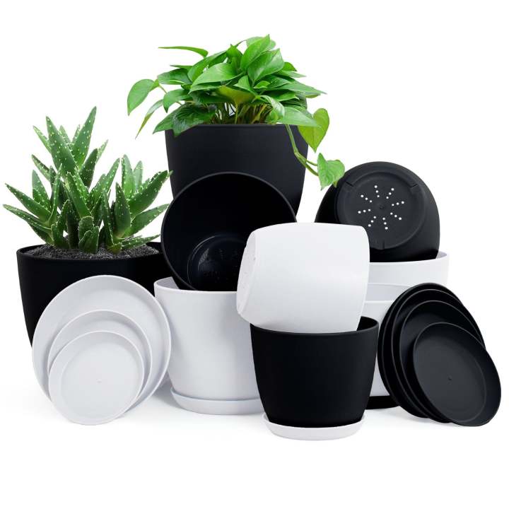 Set of 10 Indoor Plant Pots with Drainage - Decorative Plastic Planters for Indoor Plants