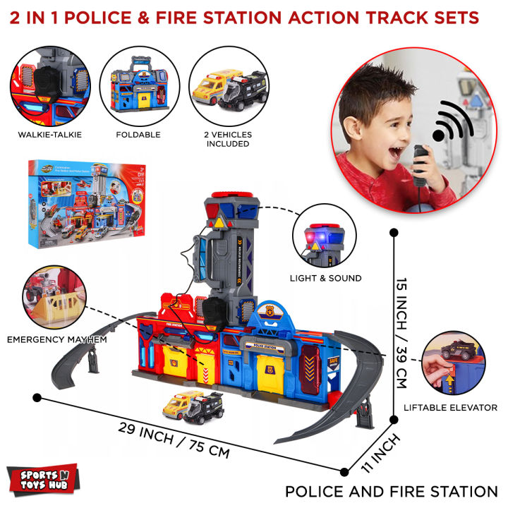 My Take Along Car Parking Lot Playset, Combination Fire Station & Police Station Toy For Kids, Walkie_Talkie Loud Speaker Calling All Cars Rescue Team On The Way, Best Toy Play Set Gift For Kid Children Boys & Girls, City Action Track Sets For Vehicles