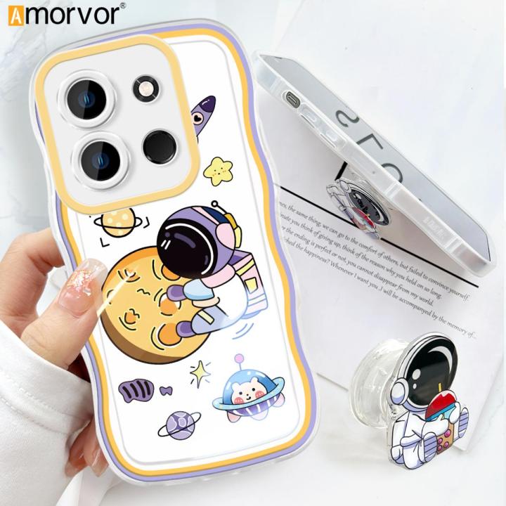 AMORVOR for Infinix Smart 7 Tecno Spark Go 2023 Tecno Pop 7 Pro Back Cover With Free Holder Fashion Astronaut Soft Wavy Phone Case Camera Protection Transparent TPU Soft Cover