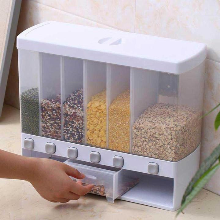 Wall Mounted 6 in 1Bucket Splitter Rice Cereal Dispenser Moisture Proof Plastic Automatic Rack Sealed Metering Food Storage Boxes No Ratings