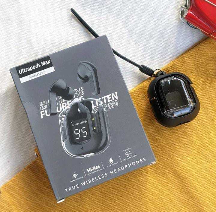 Reliable Ultrapods Max Wireless 5.3 Bluetooth Earbuds with Display, Transparent Design, Fast Charging, 13mm HD Bass Drivers, Built-in Mic, Running, Outdoors, Music Sound (Black)