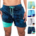 Swimming Shorts Soft Fabric Double-layer Elastic Waist Drawstring Men Swimwear. 