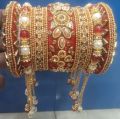 Indian Style Bridal Red Bangles Set Hand Crafted with Love Bridal Bangels with Latkan 11 Pieces Set for New Brides Hand Made Fancy Bangles for Girls and Women Bridal Kundan Chura Bangals Indian Bride Kangan Set Traditional Bride Set for Girls and Women. 