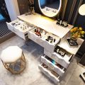 Modern White Dressing Table Set with Mirror and Tufted Stool - Geometrical Design - Makeup Vanity Desk with Storage Cabinet - Ideal for Ladies' Bedroom, Studio, and More. 