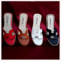 Women's Flat White H Slides - Synthetic Leather Slippers. 