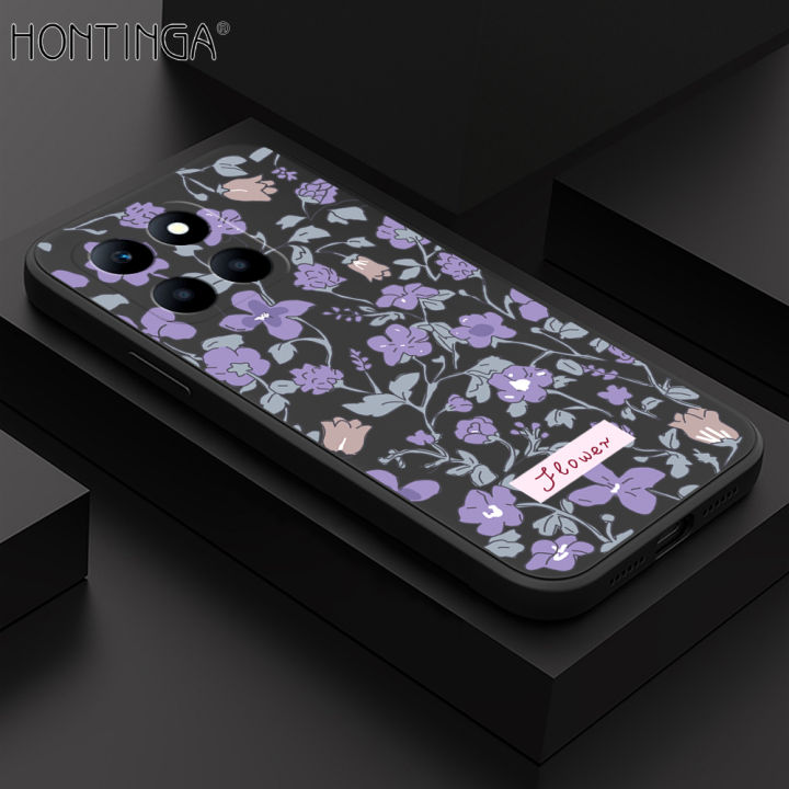 Hontinga for Honor X6A Back Cover Purple Flowers Phone Case Square Soft Liquid Silicone Mobile Cover