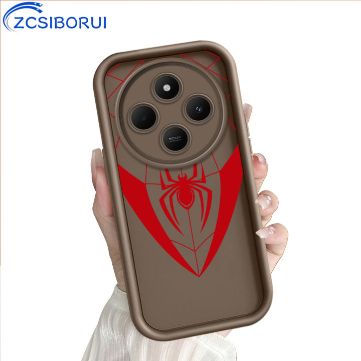 ZCSIBORUI for Redmi 14C Back Cover Red Spider Web Pattern Soft Camera Protection Rubber Square Ladder Phone Case