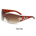 One Piece UV400 Rimless Y2K Sunglasses For Women Men Punk Goggles Trendy Sun Glasses Eyewear 3D Five Star Rhinestones. 